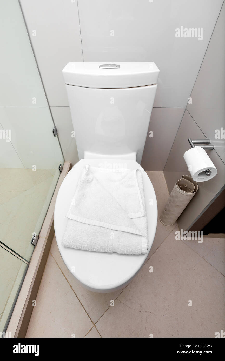 Dans une salle de bains toilettes blanc intérieur carrelage Banque D'Images Dans une salle de bains toilettes blanc intérieur carrelage Banque D'Images