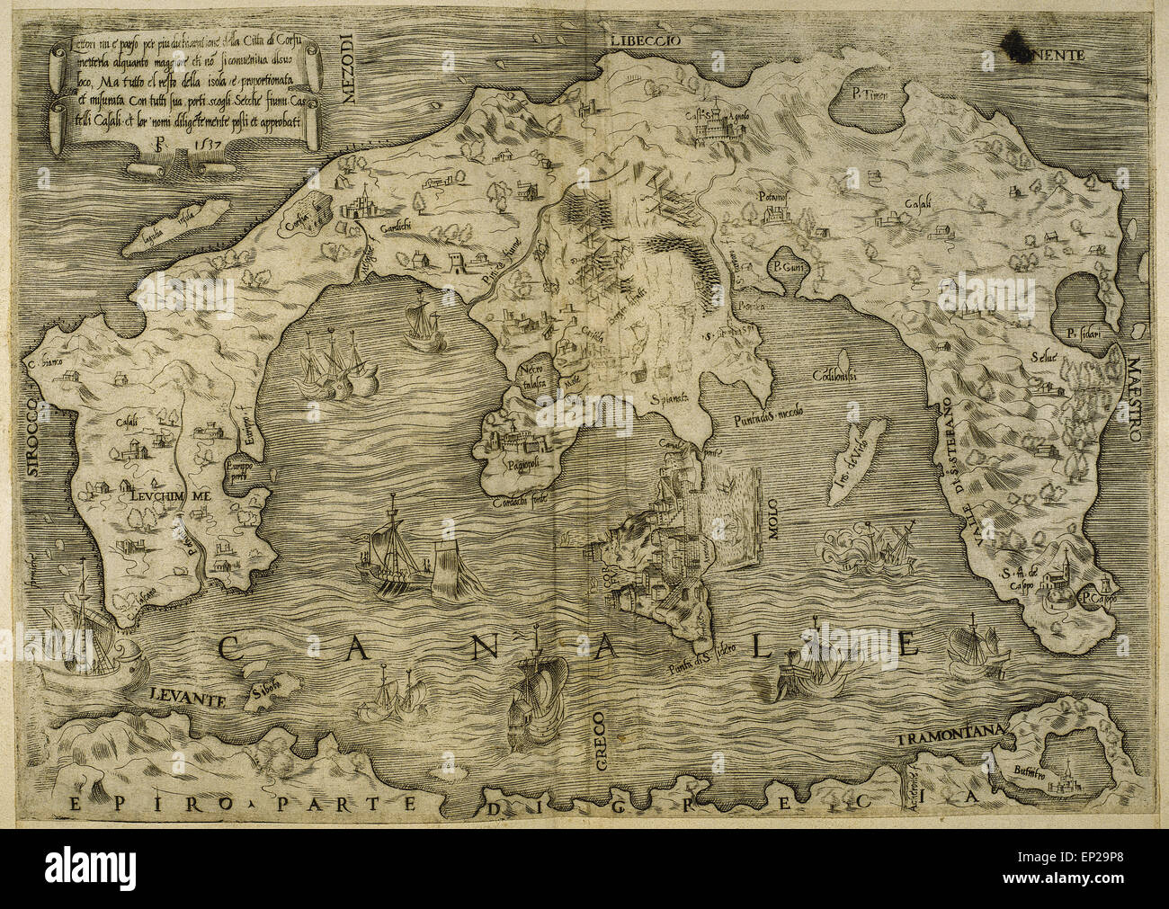 Carte de l'île grecque de Corfou. Mer Ionienne. La carte italienne. 1537. Banque D'Images