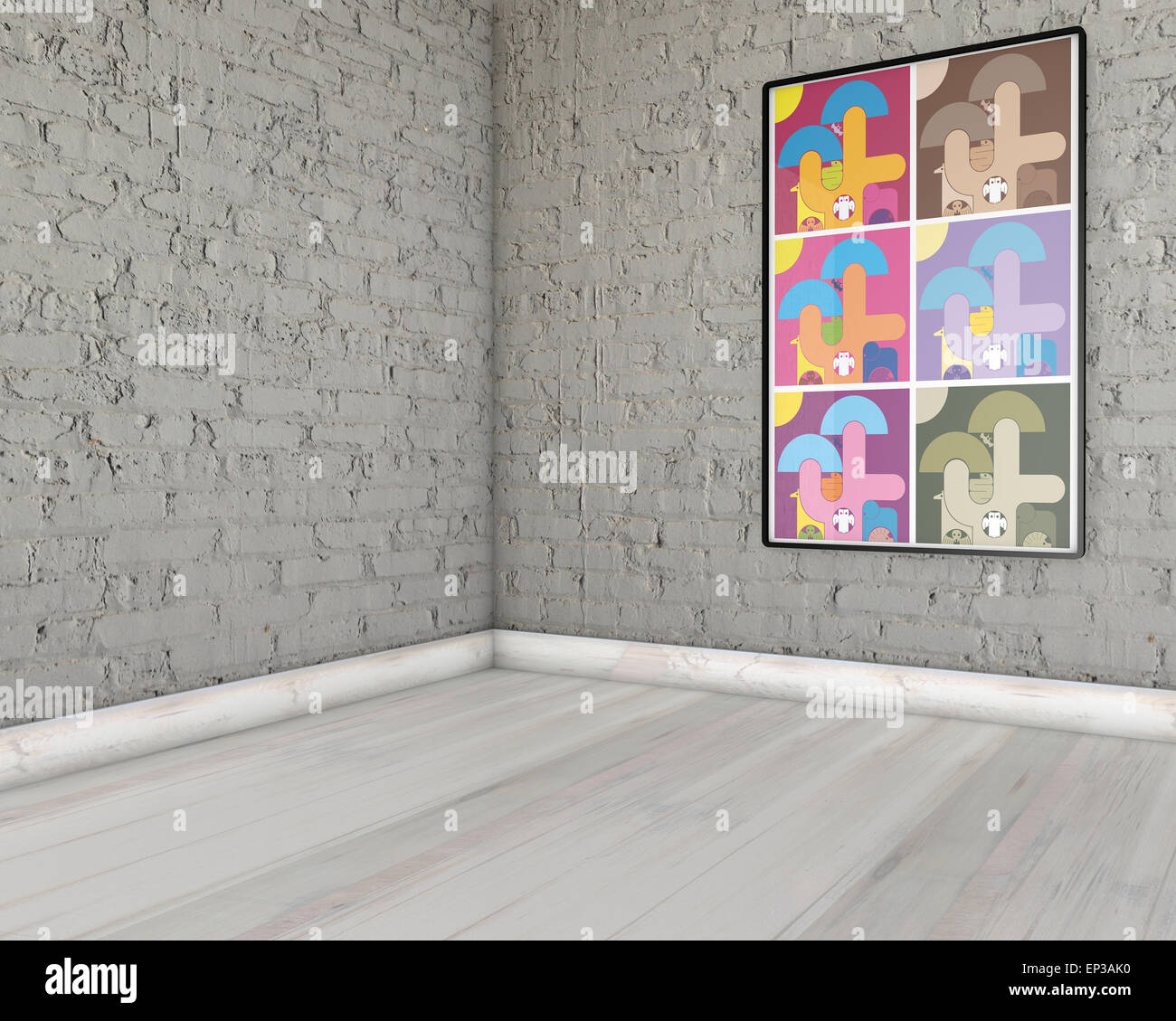 Abstract colorful photo avec personnages cartoon animal sur mur de brique gris en salle vide Banque D'Images