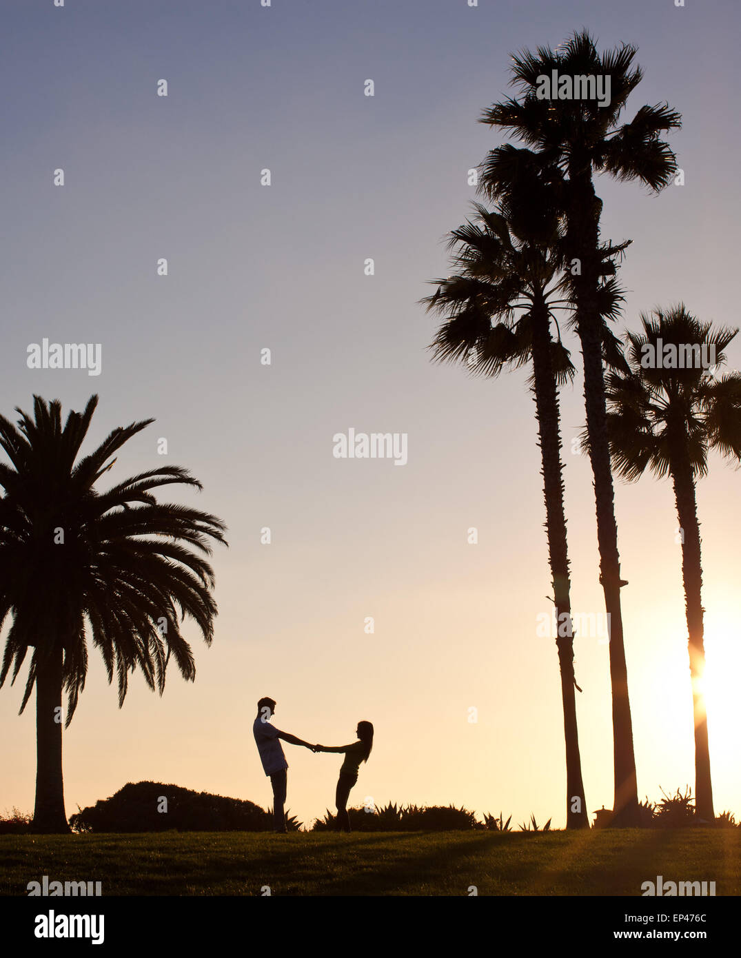Silhouette d'un couple holding hands at the beach Banque D'Images