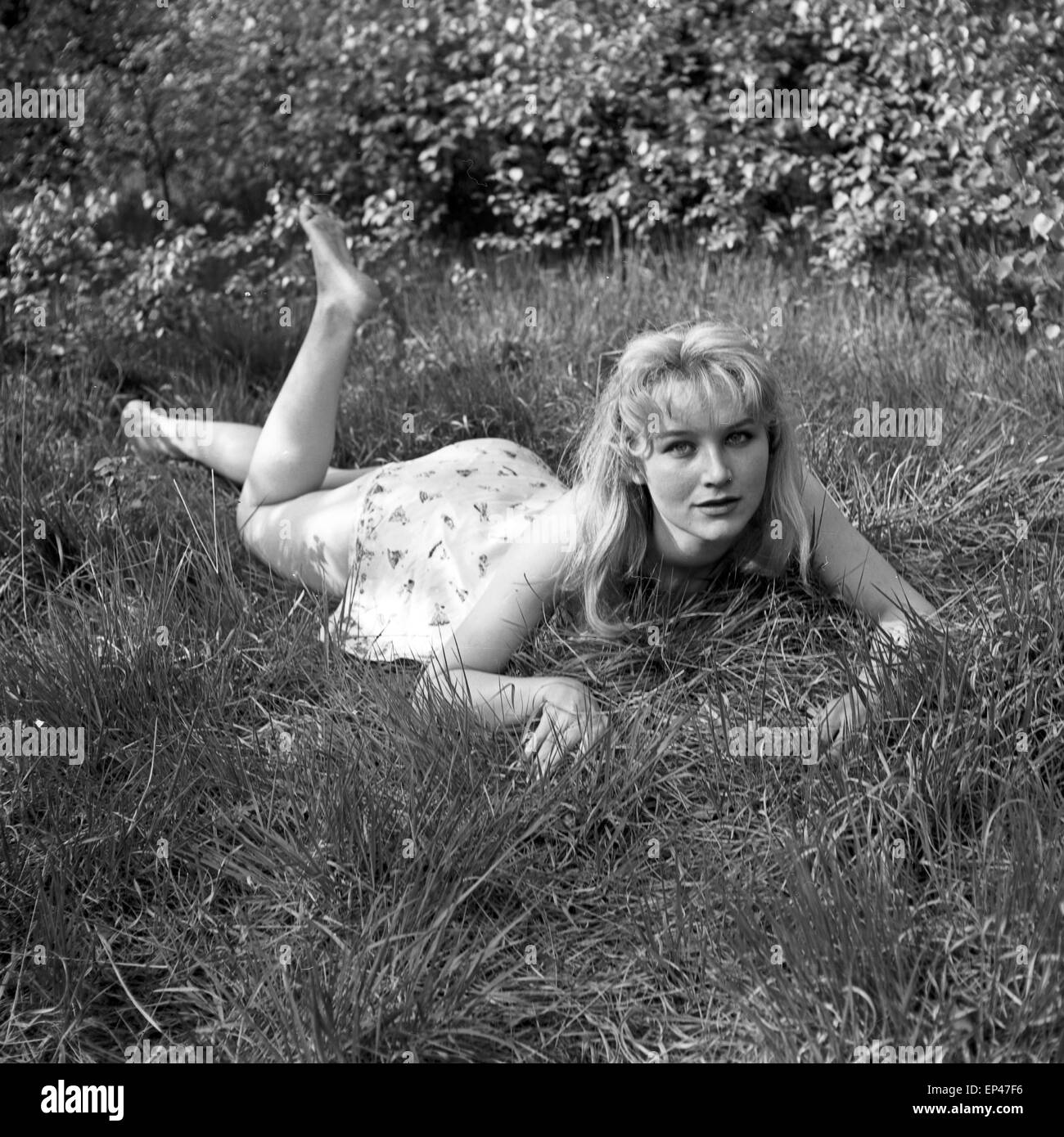Deutsche Schauspielerin Karin Stoltenfeldt posiert im Garten, Deutschland 1950er Jahre. L'actrice allemande Karin Stoltenfeldt po Banque D'Images
