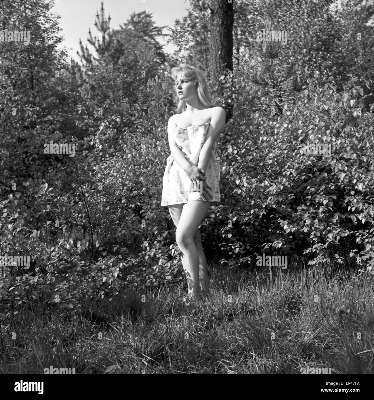 Deutsche Schauspielerin Karin Stoltenfeldt posiert im Garten, Deutschland 1950er Jahre. L'actrice allemande Karin Stoltenfeldt po Banque D'Images