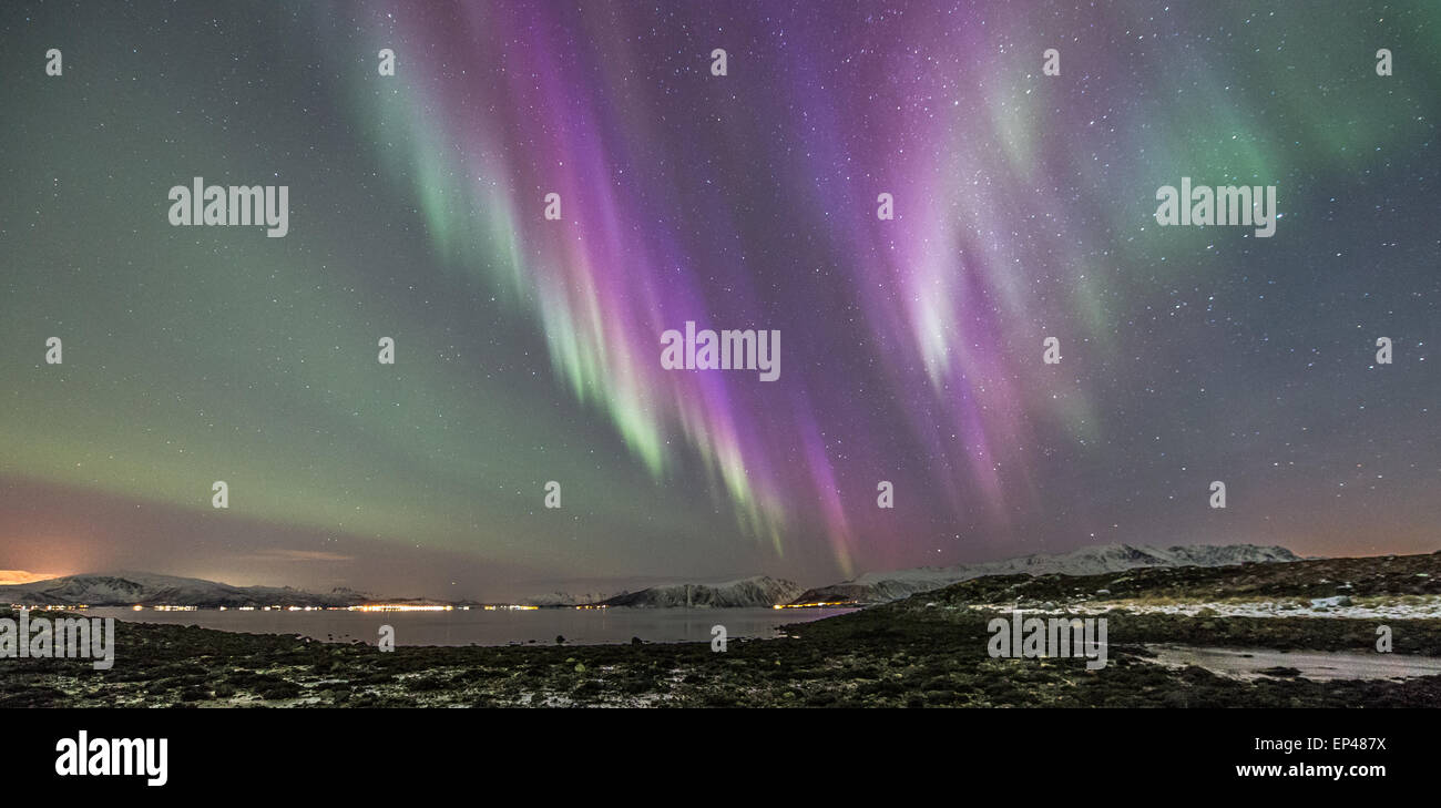 Lumières du Nord sur le paysage rural, Stamnes, Sortland, Nordland, Norvège Banque D'Images