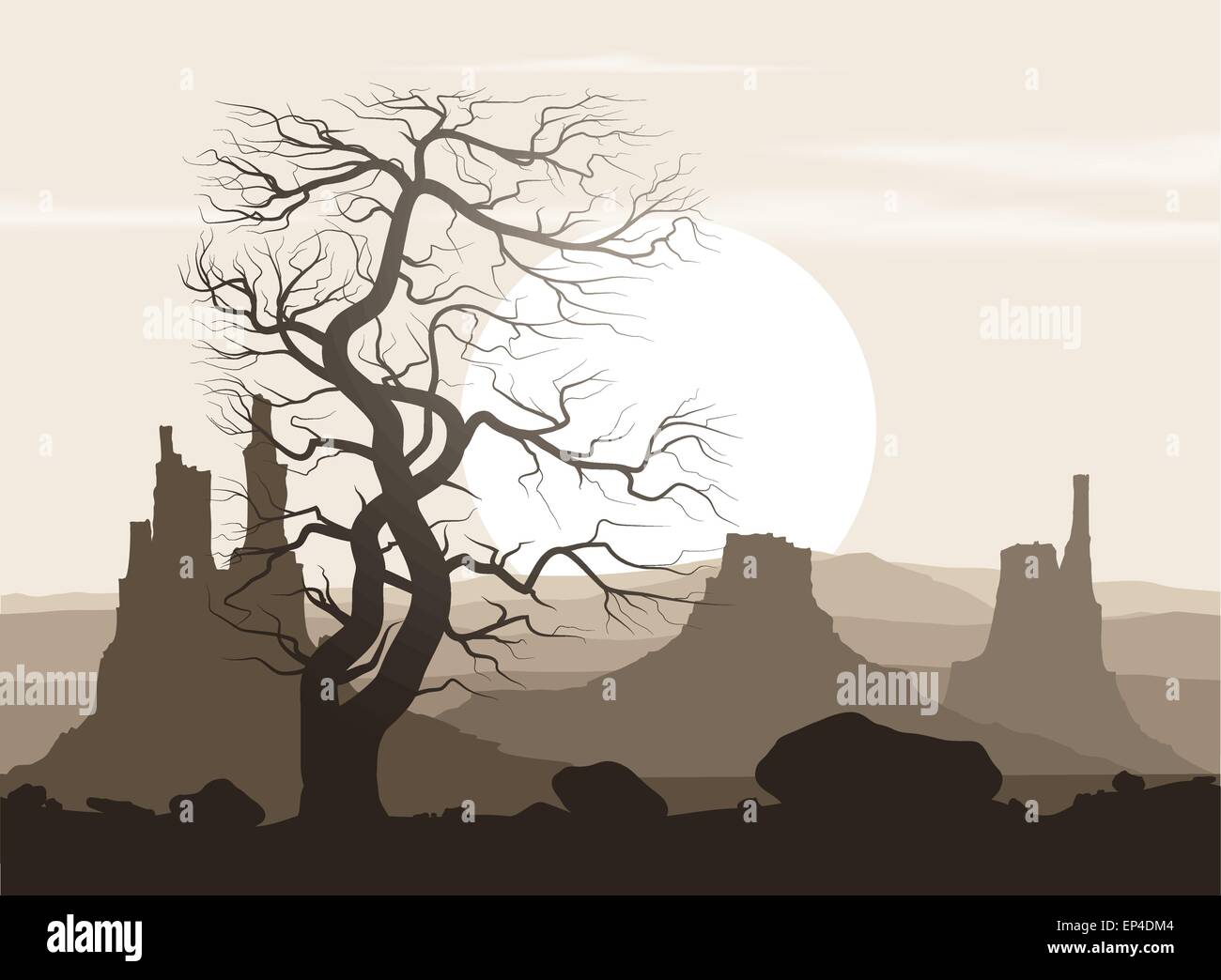 Paysage sans vie avec de vieux arbres et d'énormes montagnes sur le coucher du soleil. Vector illustration. Illustration de Vecteur