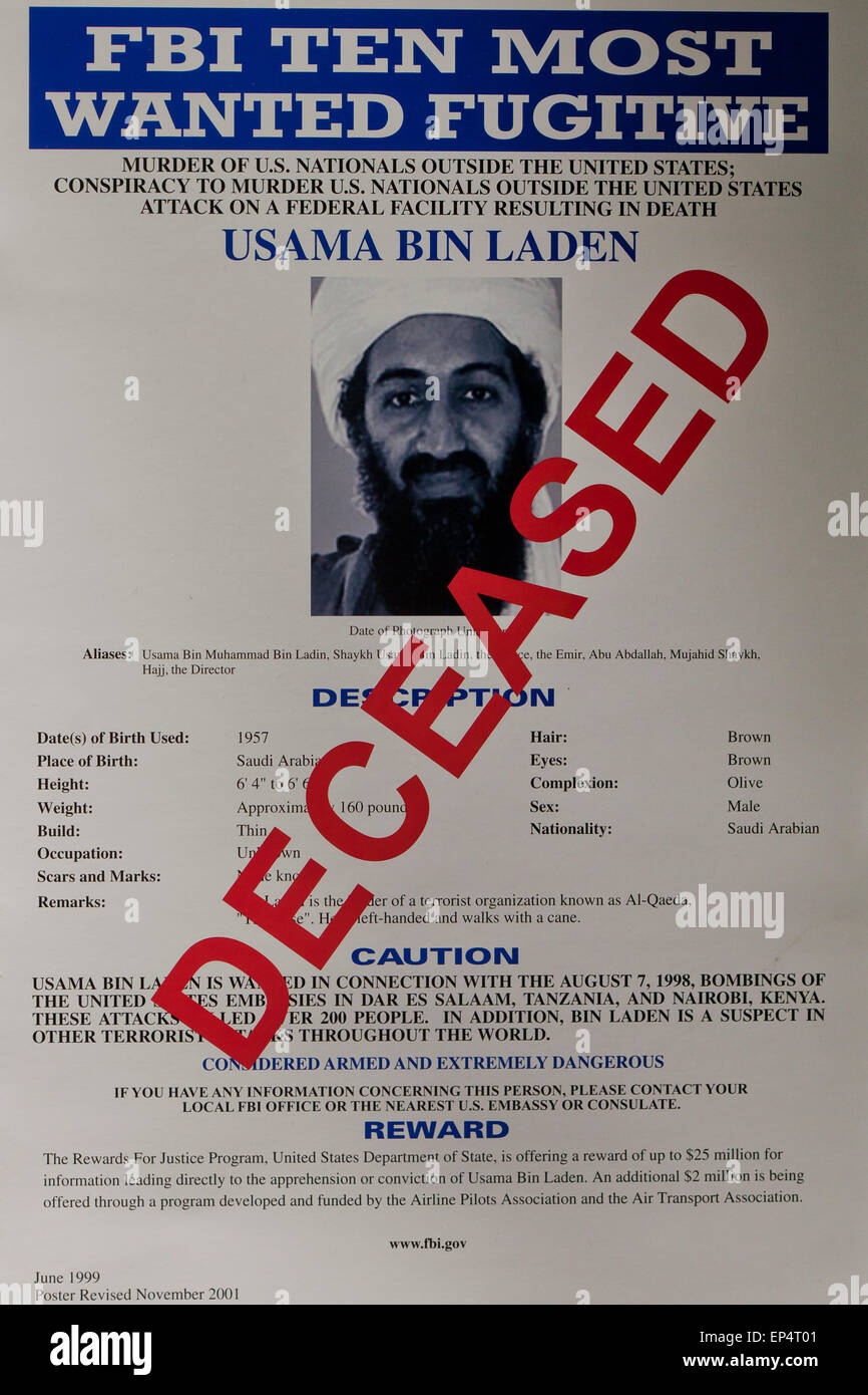 Oussama Ben Laden FBI Most Wanted poster estampillé "eceased» - USA Banque D'Images