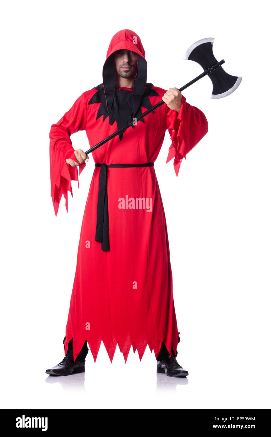 Bourreau en costume rouge avec ax on white Banque D'Images