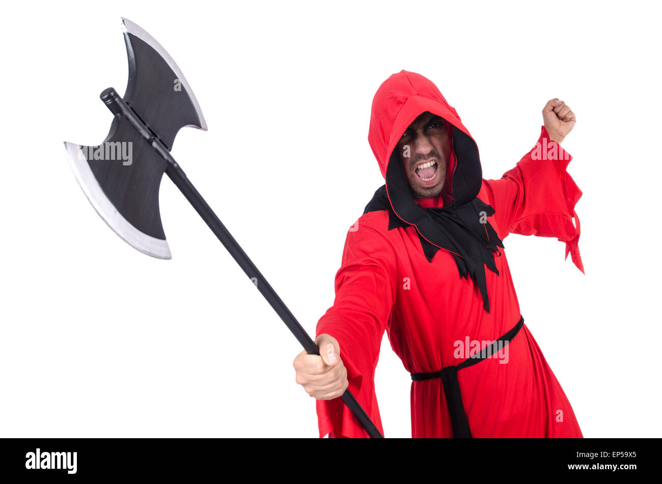 Bourreau en costume rouge avec ax on white Banque D'Images