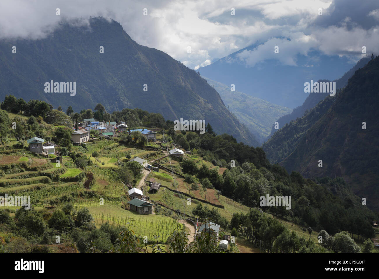 Juste à l'extérieur de Lukla les vues des contreforts de l'Himalaya s'ouvrir pour les marcheurs comme ils font leur chemin jusqu'à la piste de l'Everest Banque D'Images Juste à l'extérieur de Lukla les vues des contreforts de l'Himalaya s'ouvrir pour les marcheurs comme ils font leur chemin jusqu'à la piste de l'Everest Banque D'Images