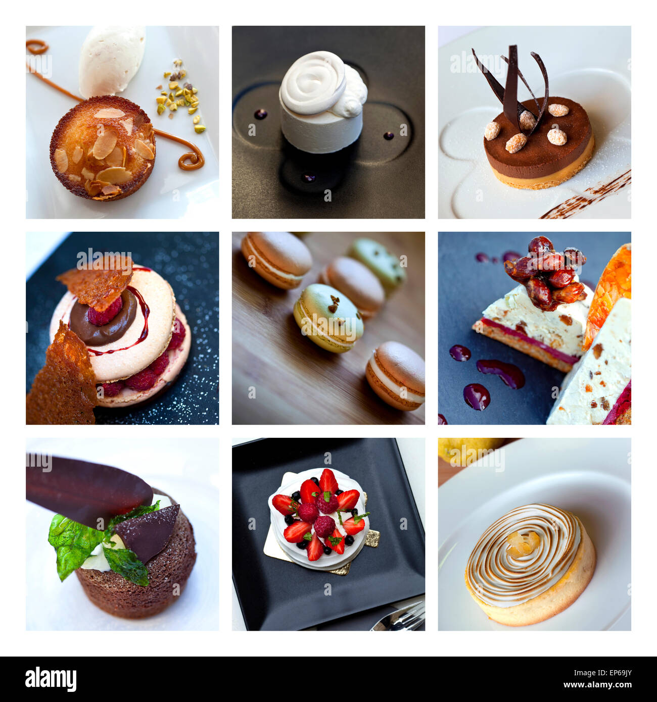 Divers gâteaux et desserts français sur un collage Banque D'Images