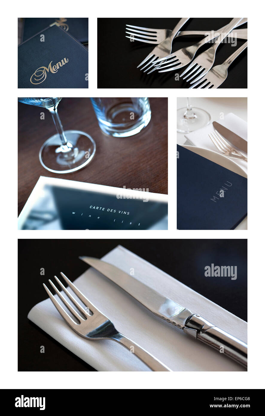 Set de table, menu et couverts sur un collage Banque D'Images