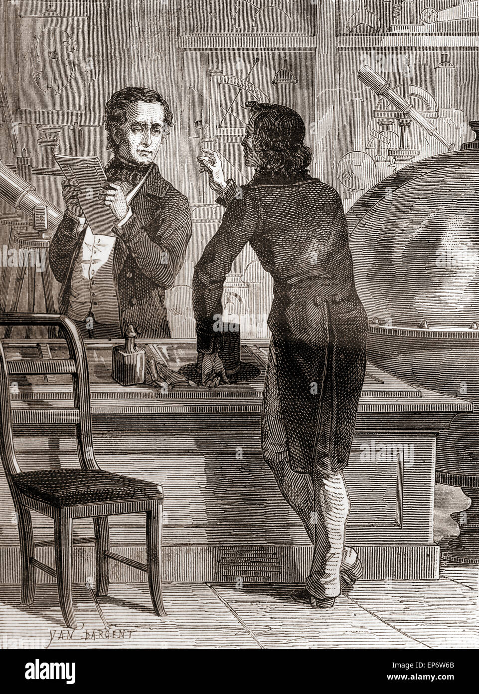 Nicéphore Niépce, tandis qu'encore inconnus et pauvres, dans Charles Chevalier et instruments optiques shop. Charles Louis Chevalier, 1804- 1859. Ingénieur français/opticien. Nicéphore Niépce, né Joseph Niépce,1765 - 1833. Inventeur français de la photographie. Banque D'Images