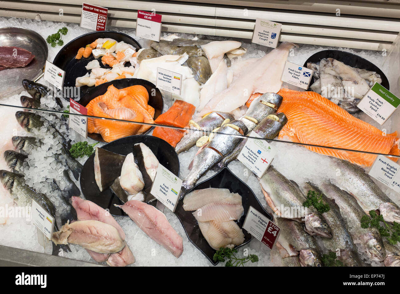 Comptoir de poissons au supermarché Waitrose, Stroud, Gloucestershire, Royaume-Uni Banque D'Images