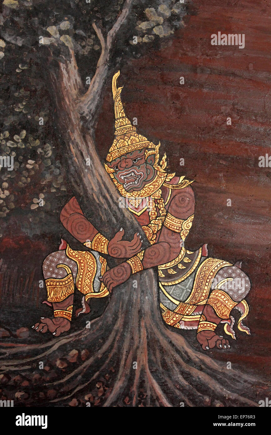 Peinture murale thaïlandais dans le Phra Rabiang (la galerie) dans Wat Phra Kaew (Temple du Bouddha d'Émeraude), Bangkok Banque D'Images