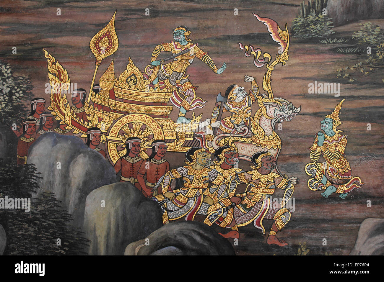 Peinture murale thaïlandais dans le Phra Rabiang (la galerie) dans Wat Phra Kaew (Temple du Bouddha d'Émeraude), Bangkok Banque D'Images