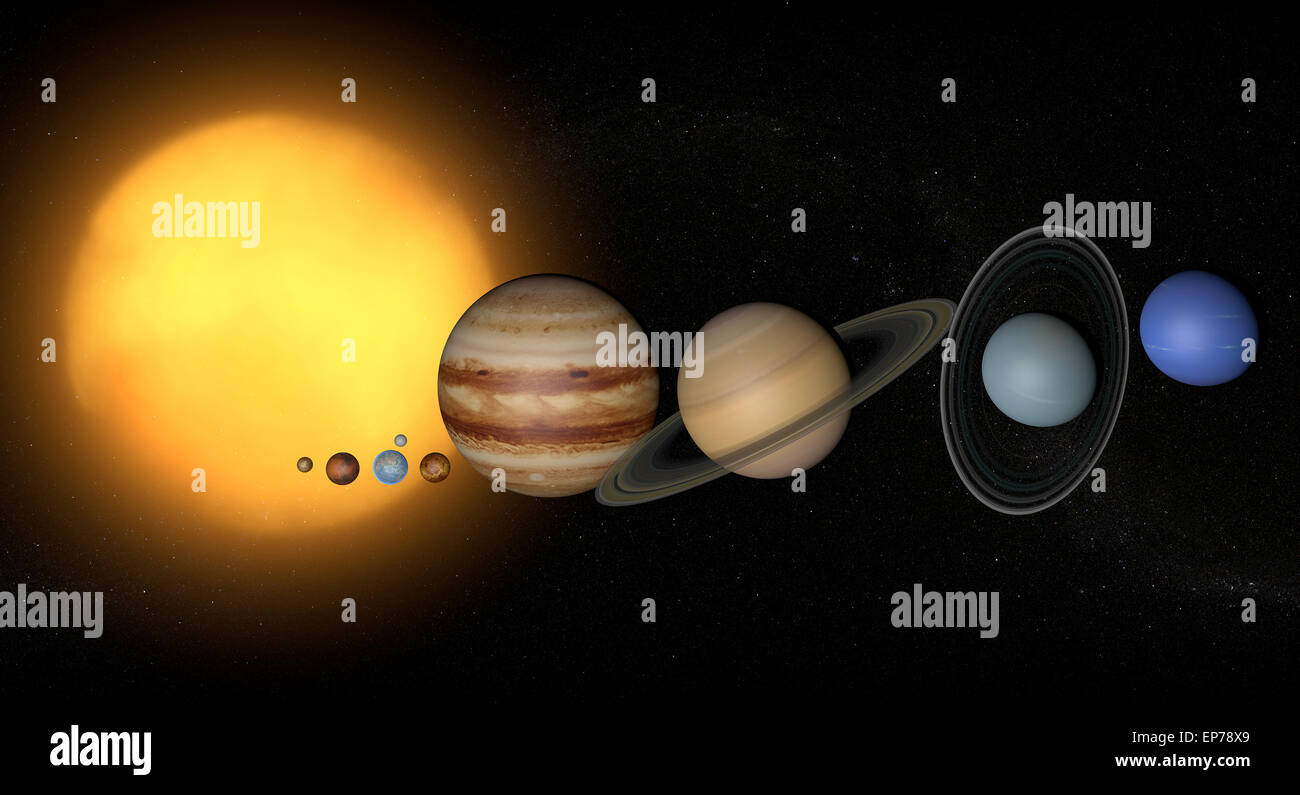 Illustration Vecteur de planètes du système solaire et quelques unes de leurs satellites, ainsi que plusieurs planètes naines Banque D'Images