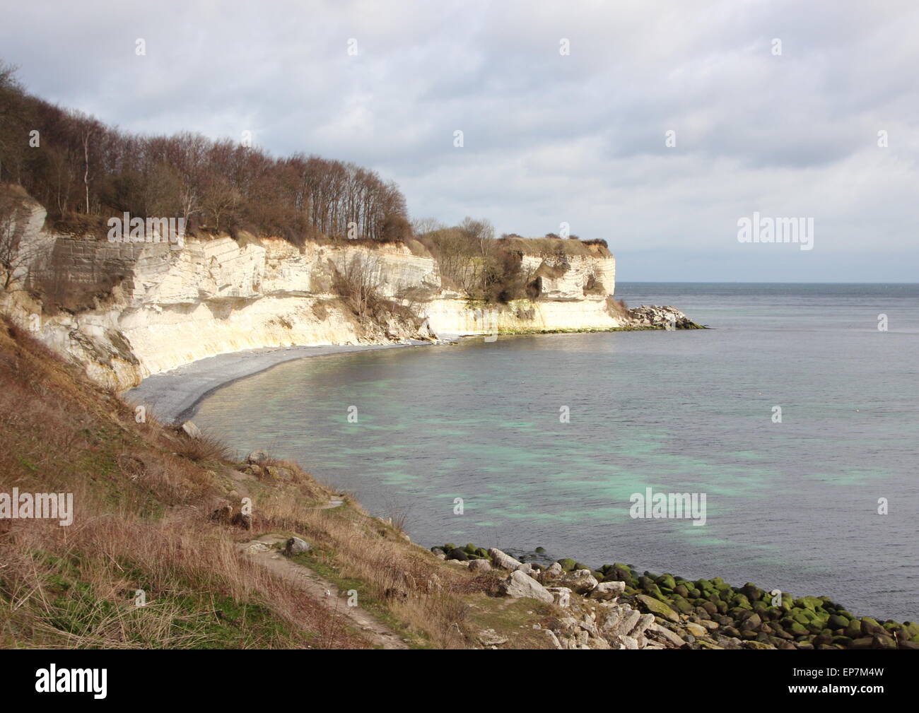Stevns Klint littoral avec la mer sombre et Falaise blanche et réflexions d'argile calcaire Banque D'Images