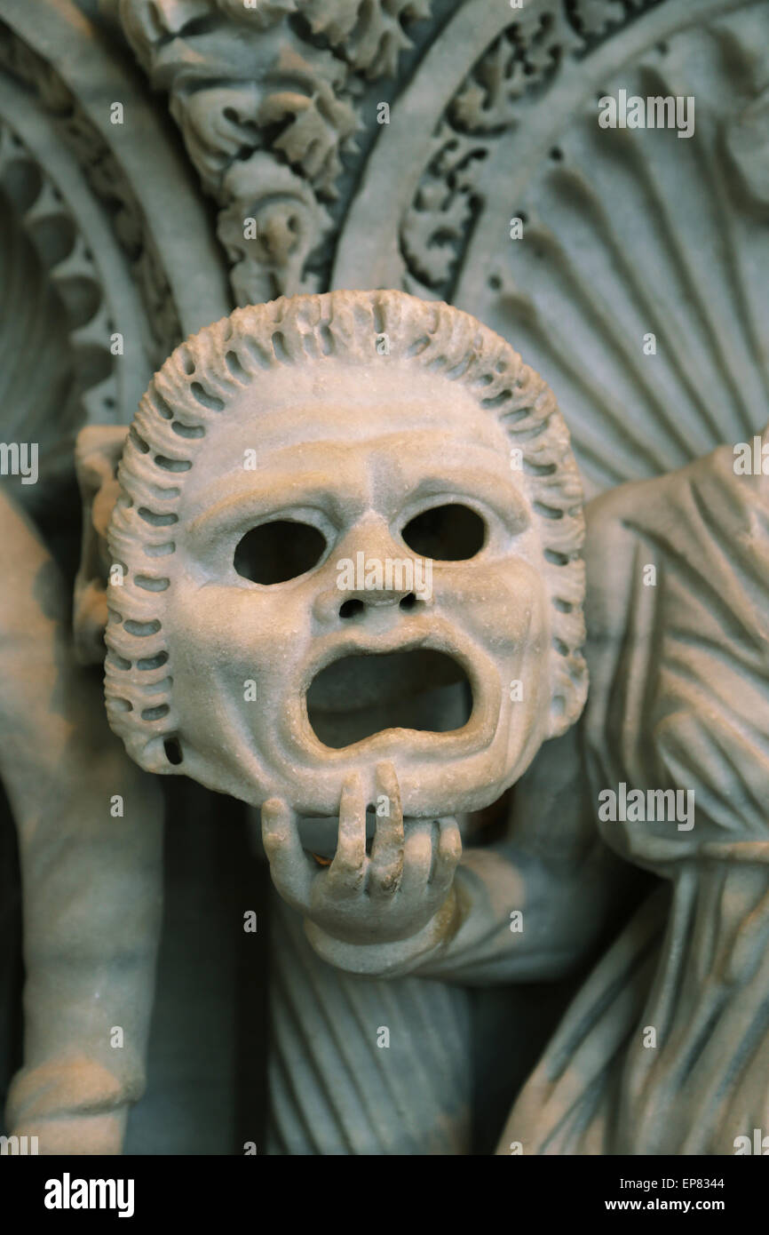 Sarcophage des Muses. Roman. Détail. Masque. 280-290 AD. Rome. Musée National Romain. Palace Massimo. Rome. L'Italie. Banque D'Images