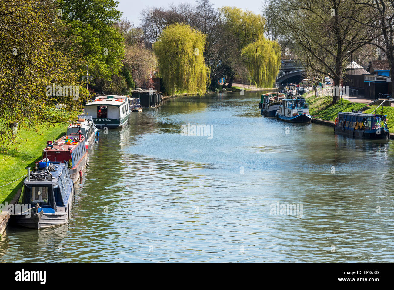 Bateaux de rivière et de barges sur la rivière Cam à Cambridge aux côtés de Midsummer Common Banque D'Images