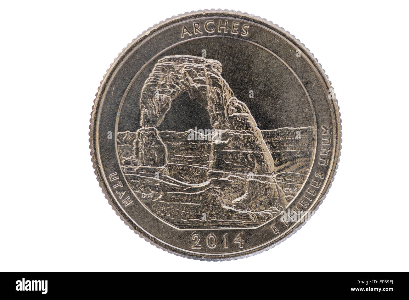 Arches National Park Utah trimestre commémorative coin isolated on white Banque D'Images