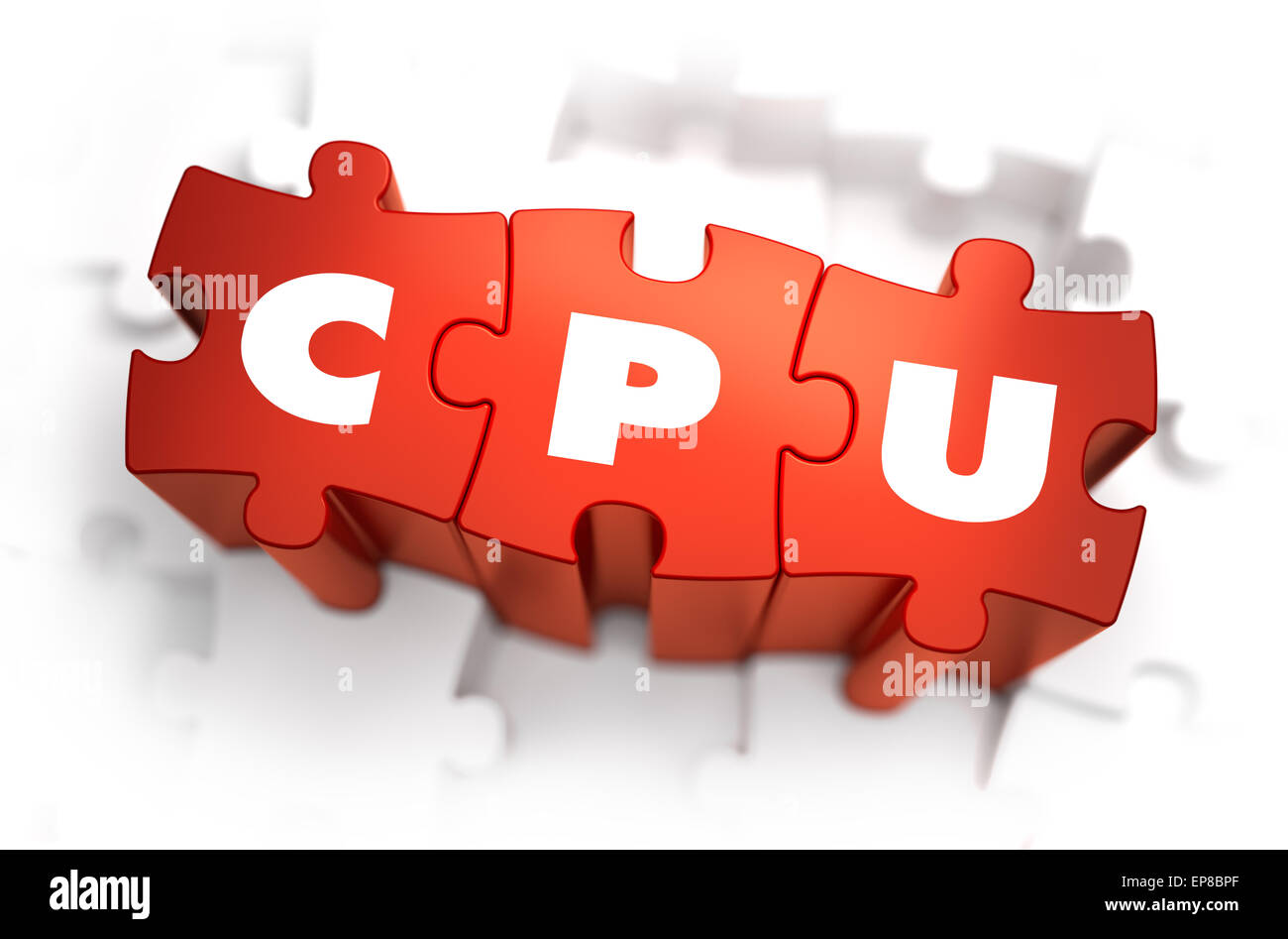 CPU - Central Processing Unit - Mot Blanc sur rouge Puzzles sur fond blanc. 3D Illustration. Banque D'Images