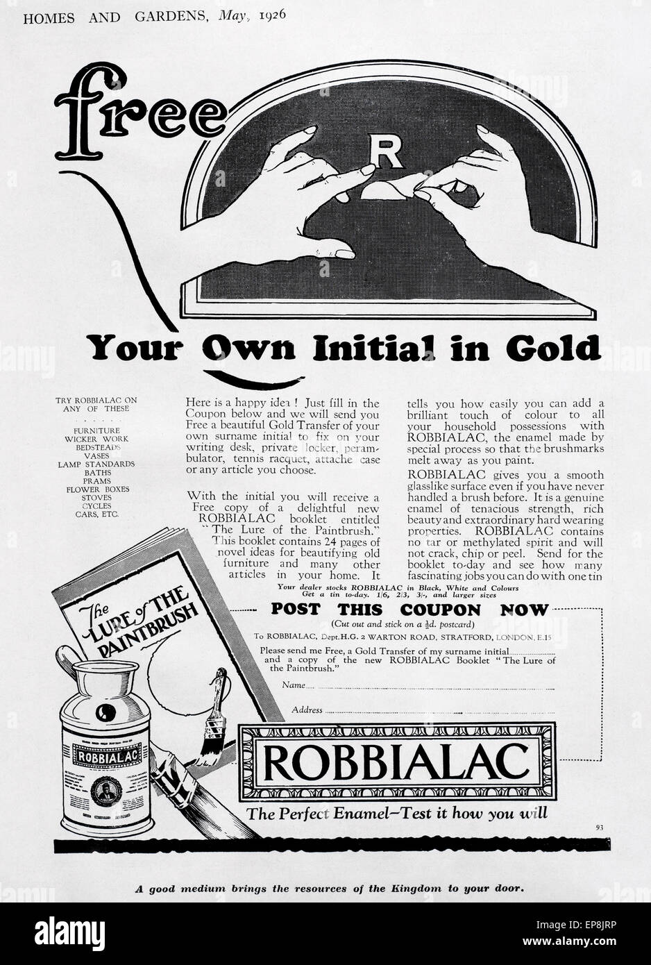 1920 / 1930 annonce "Robbialac" Peinture laquée à partir de l'anglais "Homes & Gardens" magazine. Banque D'Images