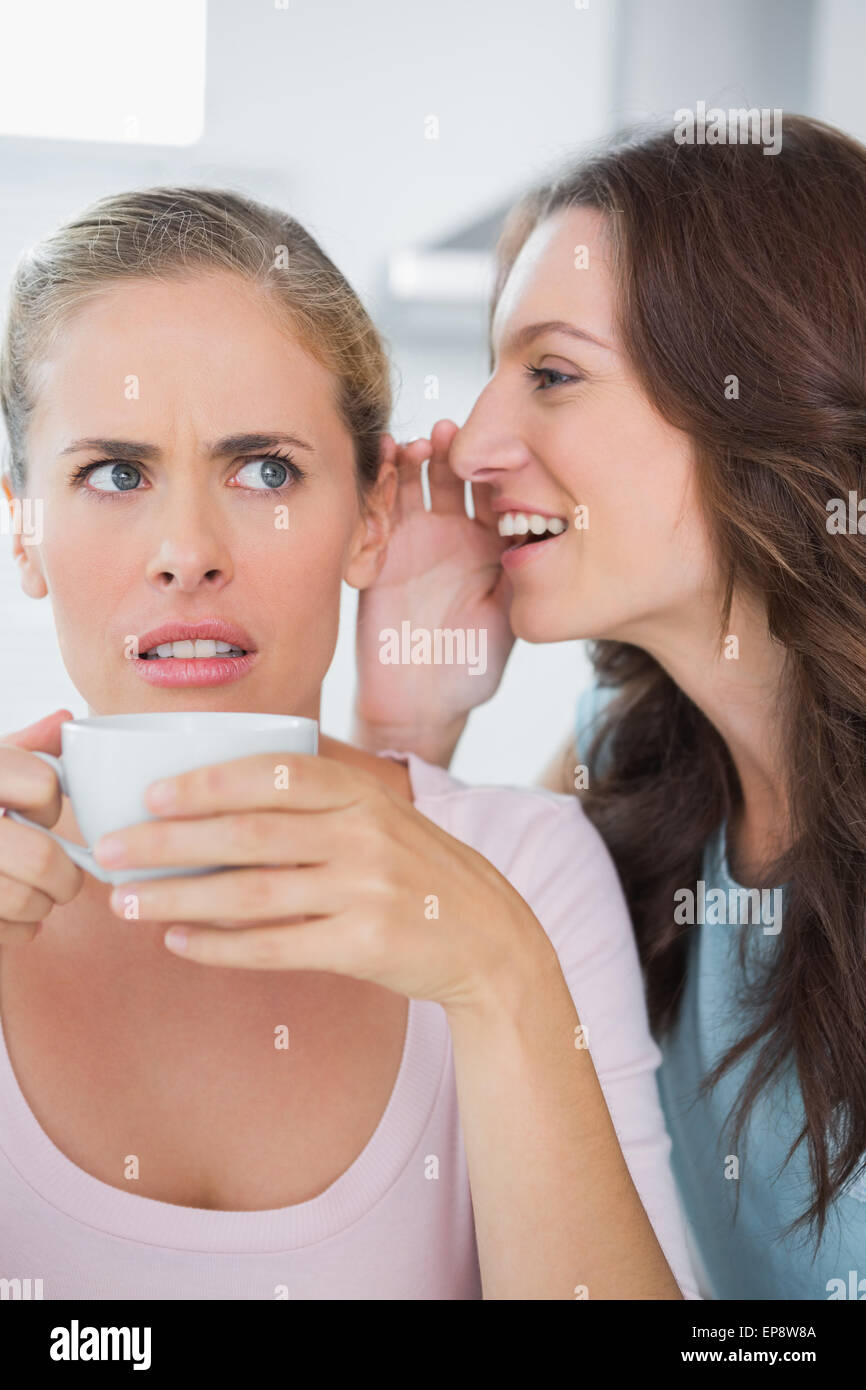 Femme secrète disant à son amie tandis que boire du café Banque D'Images