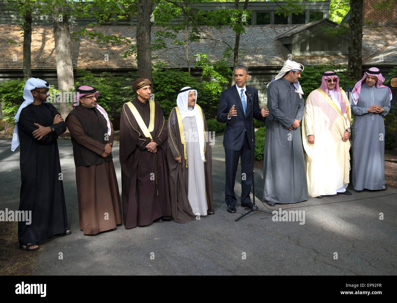 Camp David, USA. 14 mai, 2015. Le président des États-Unis Barack Obama prononce une allocution à la suite du Conseil de coopération du Golfe et les États-Unis au sommet de Camp David, le 14 mai 2015. Dpa : Crédit photo alliance/Alamy Live News Banque D'Images