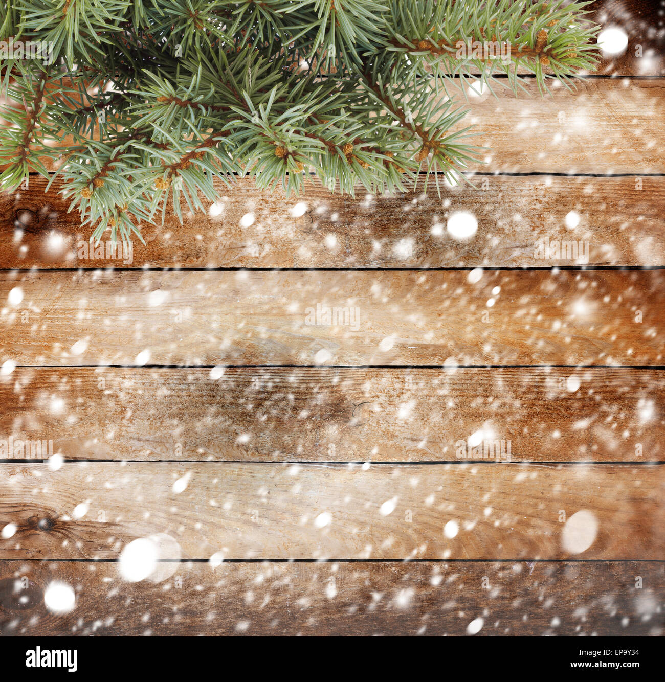 La direction générale de l'arbre de Noël sur le fond en bois couverte de neige Banque D'Images
