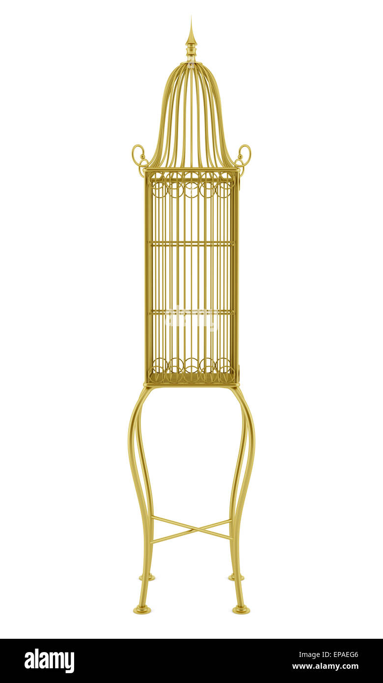 Golden cage vide isolé sur fond blanc Banque D'Images