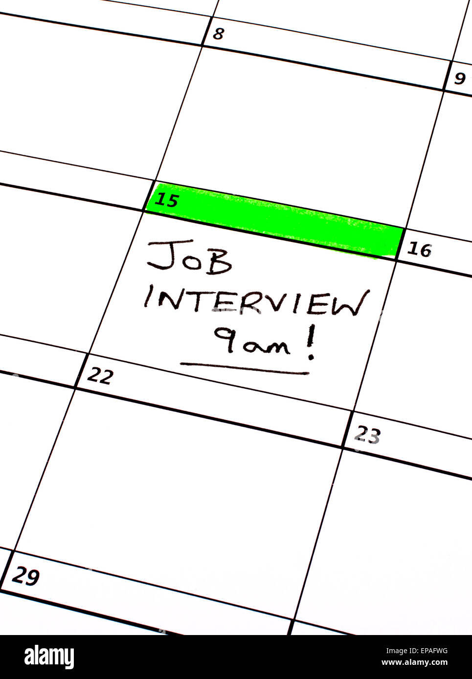 Une entrevue d'emploi date inscrite sur un calendrier. Banque D'Images