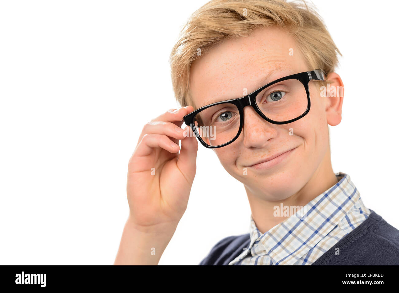 Confiant lunettes geek nerd boy holding Photo Stock Alamy