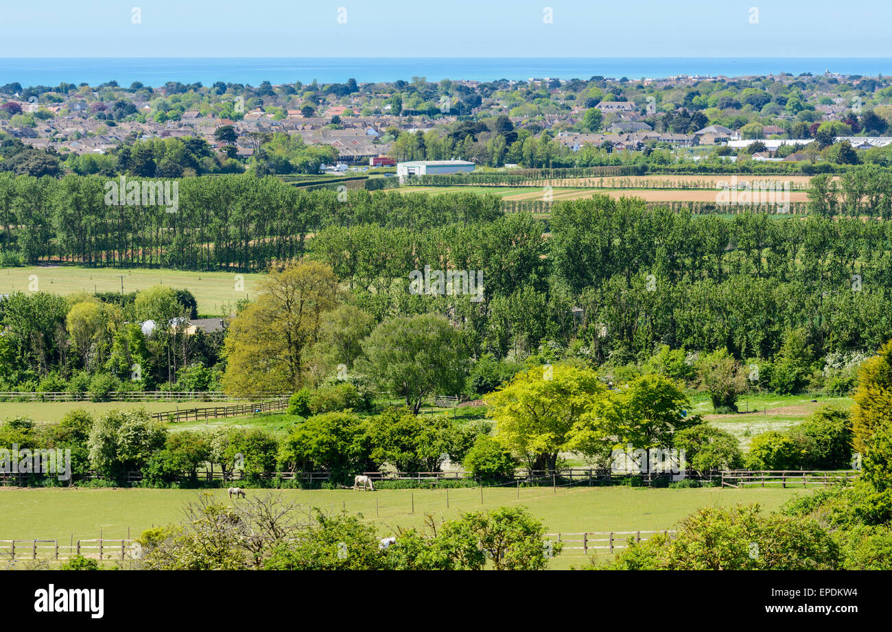 Vision de la campagne vers la mer dans le sud de l'Angleterre. Banque D'Images