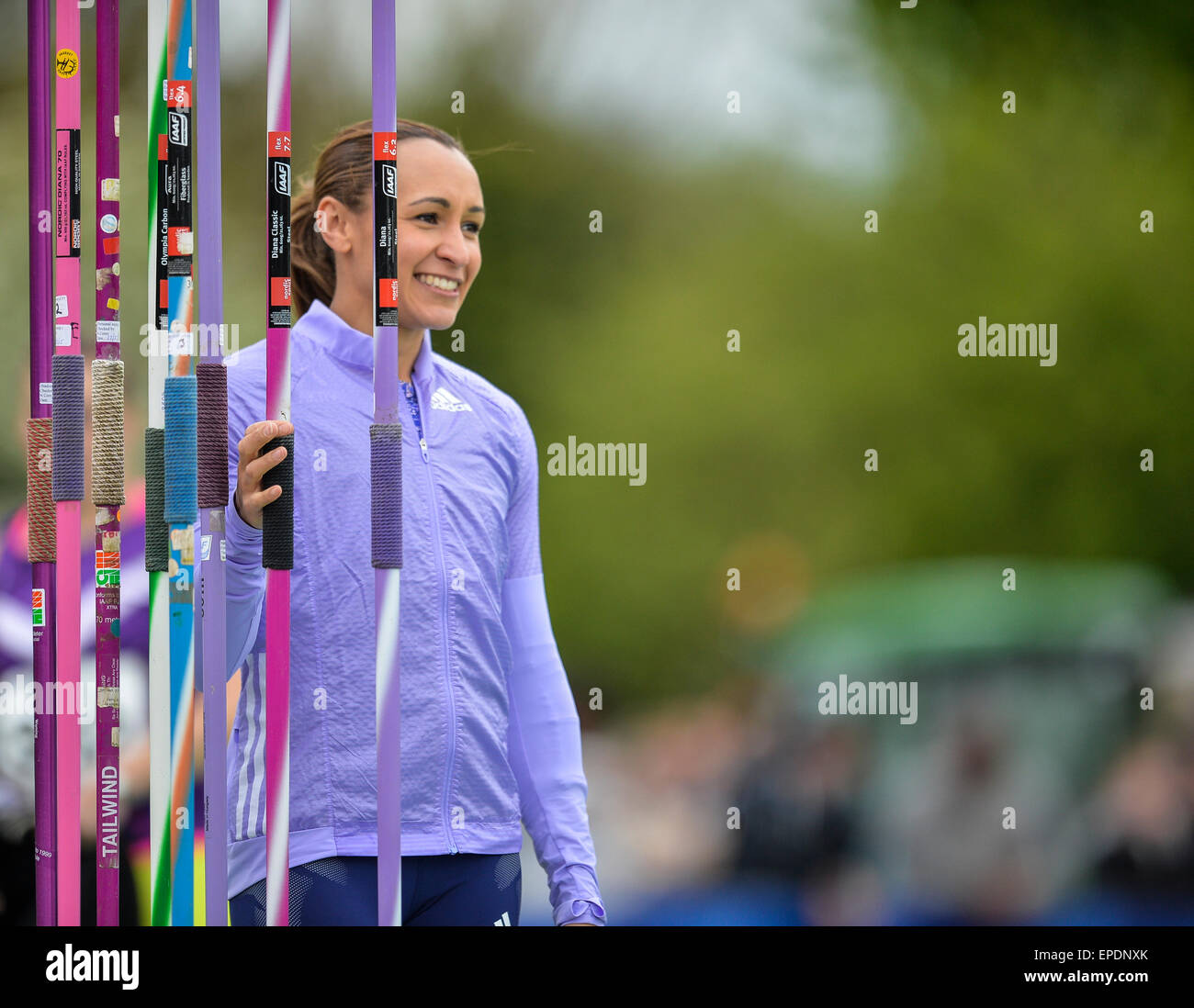 17.05.2015. Paula Racliff Stadium, Loughborough, Leicestershire, Angleterre. Loughborough International. Jess Ennis-Hill entre lance le javelot lors de la concurrence. Banque D'Images