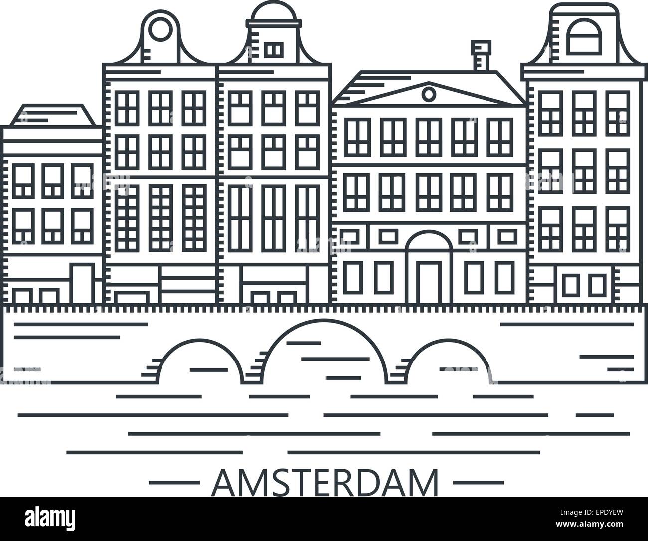 Old Amsterdam Pays-Bas maisons sur bridge vecteur ligne dessinée illustration Illustration de Vecteur