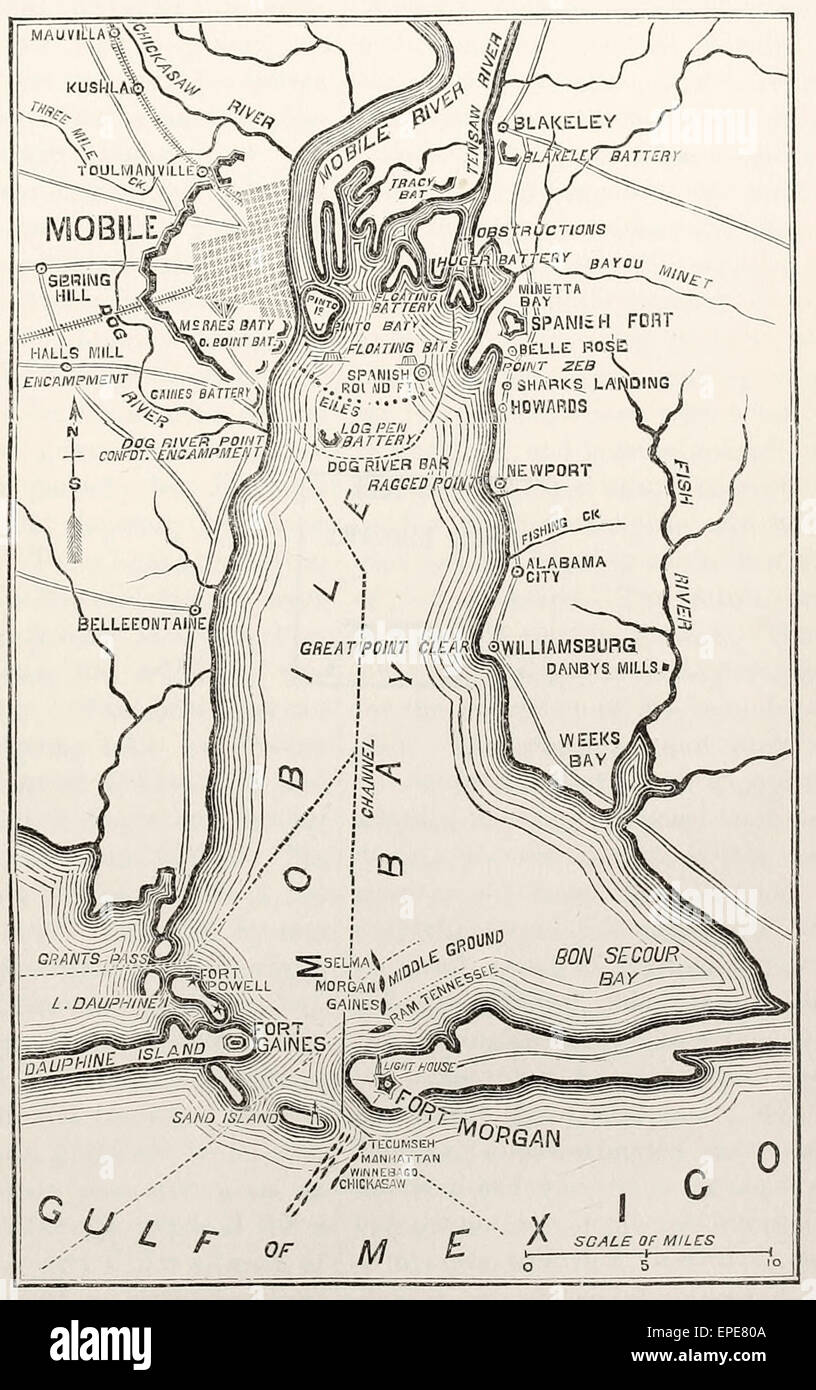 Carte montrant la ville de Mobile, en Alabama, et ses défenses dans la guerre civile USA Banque D'Images
