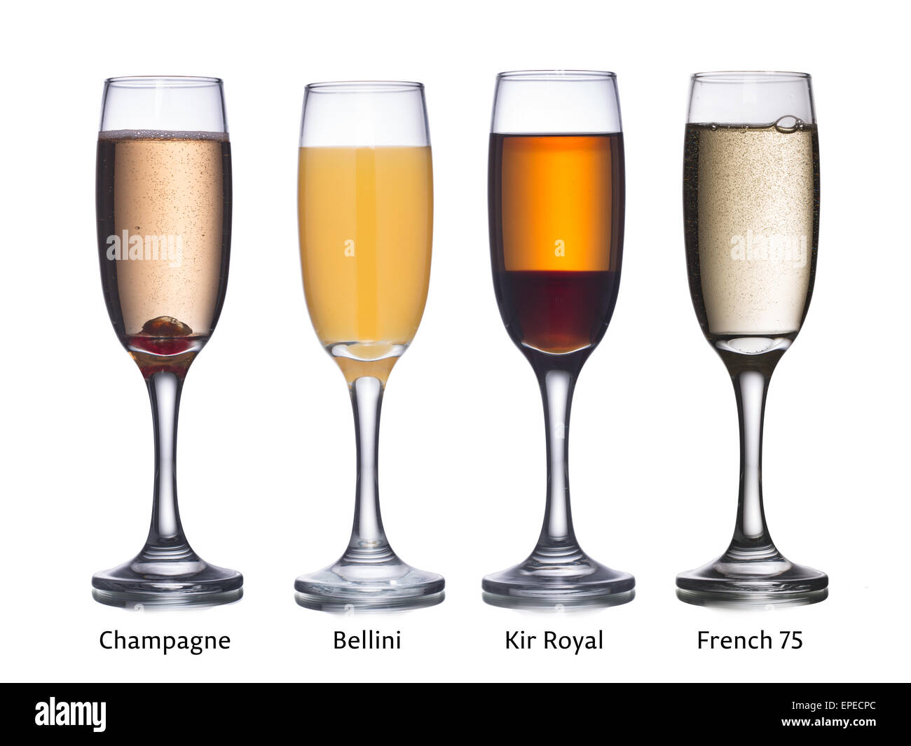 Collection de cocktails sans alcool les plus populaires avec vin mousseux : Champagne, Bellini, Kir Royal et de l'anglais dans 75 verres flûte Banque D'Images