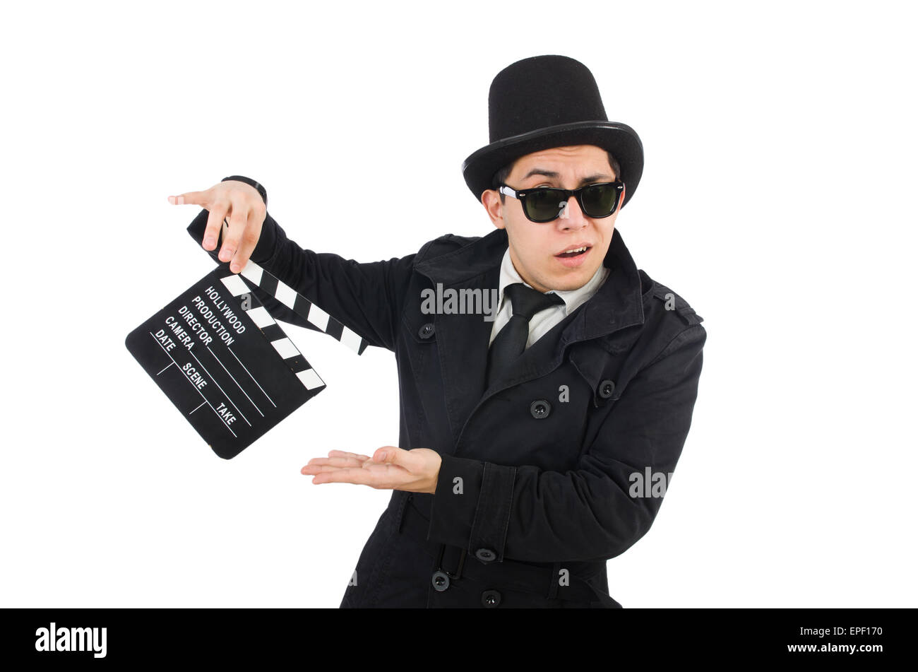 Homme avec movie clapper isolated on white Banque D'Images