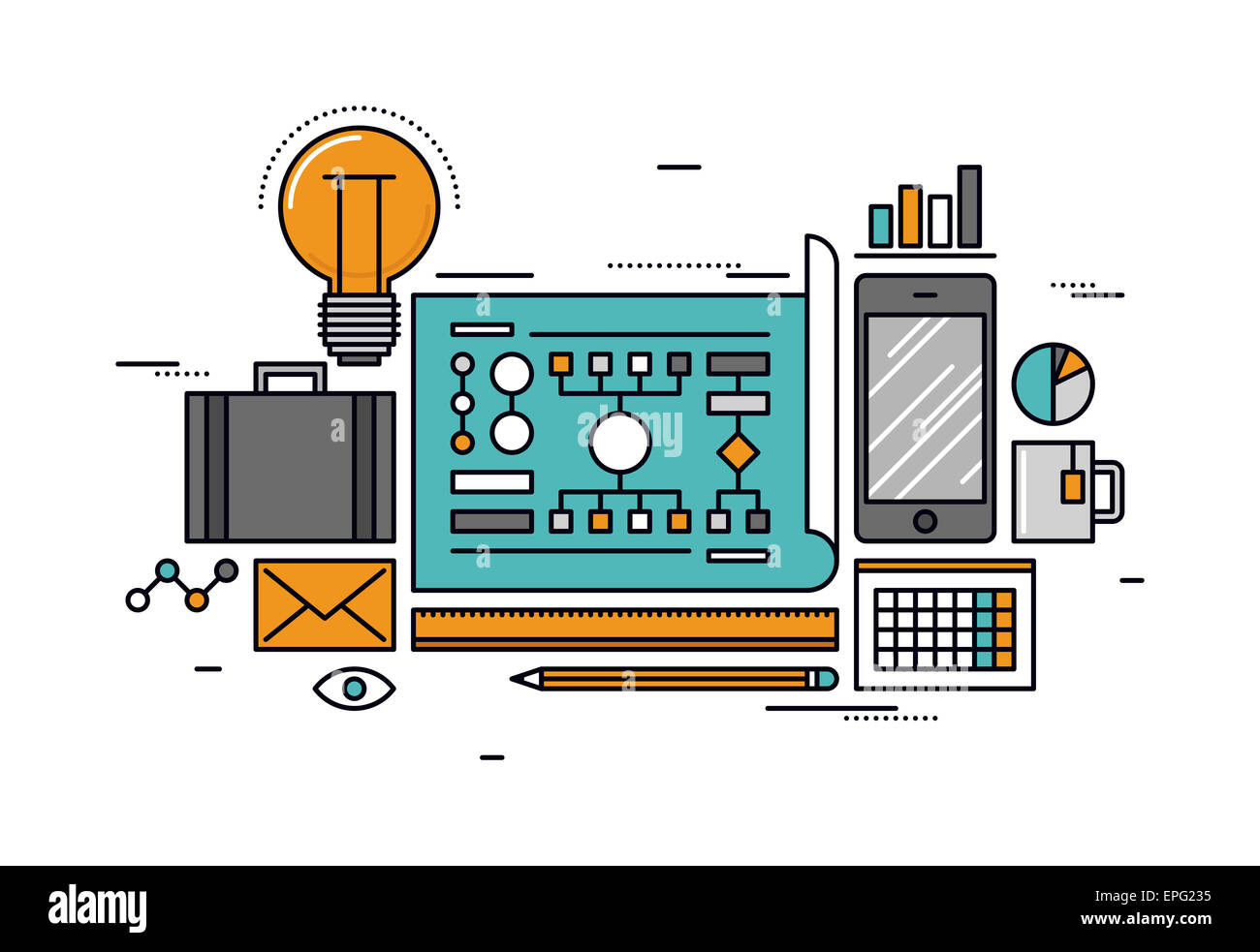 Processus de planification d'entreprise, infographie abstrait workflow, l'équipement de bureau, carte mentale de l'organisation des éléments. Banque D'Images