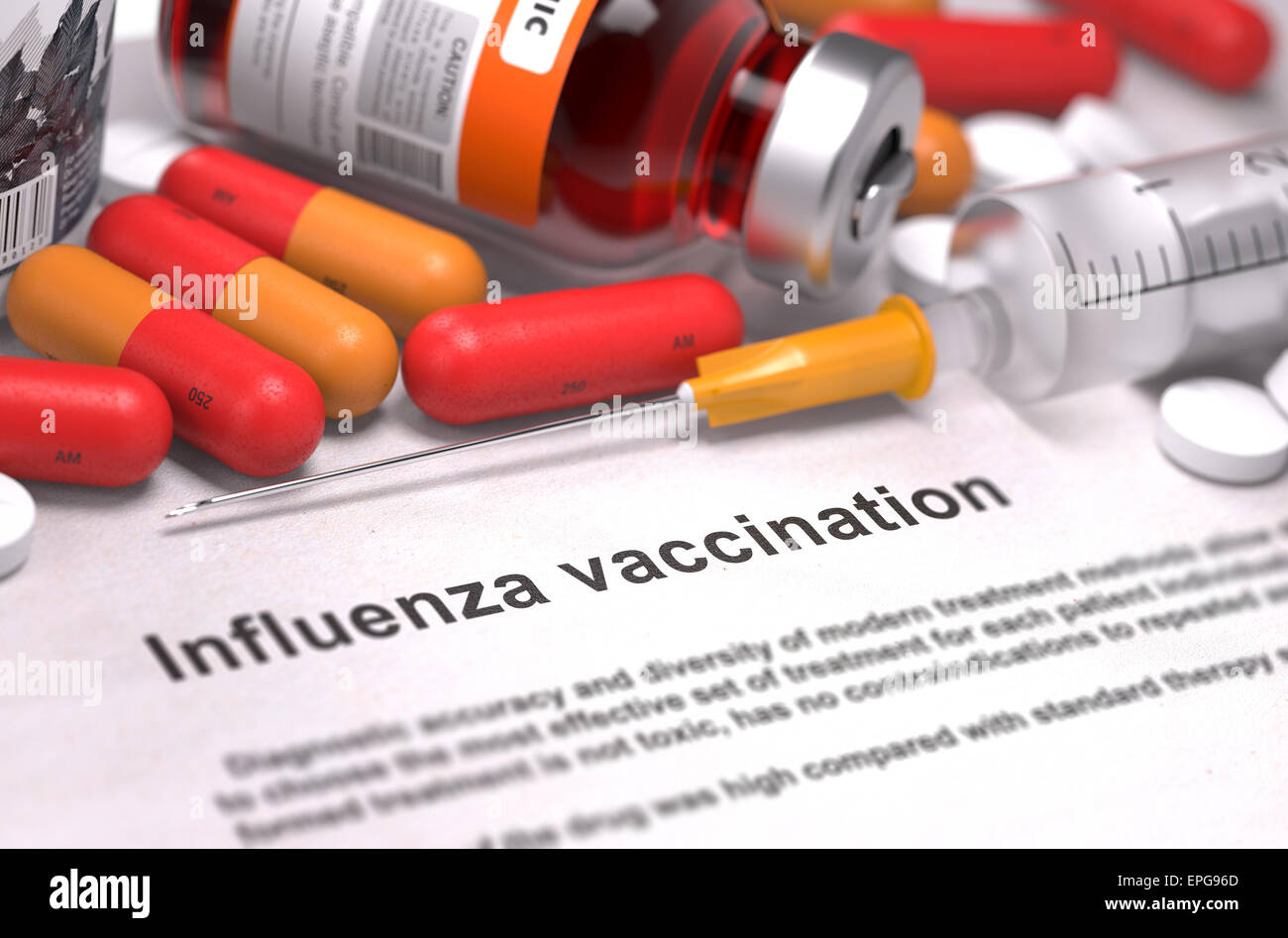 La vaccination antigrippale. Rapport médical avec la composition de médicaments - Rouge comprimés, d'injections et d'une seringue. Focus sélectif. Banque D'Images