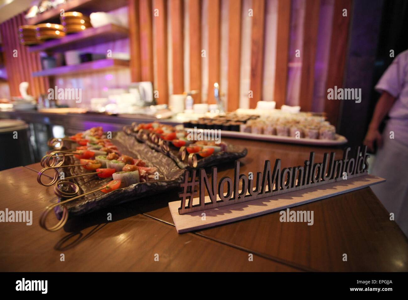 Manille, Philippines. 18 mai, 2015. La nourriture est affiché pendant l'ouverture de Nobu Hotel à Pasay. Le Nobu hotel à Manille est le premier hôtel Nobu en Asie. Credit : PACIFIC PRESS/Alamy Live News Banque D'Images