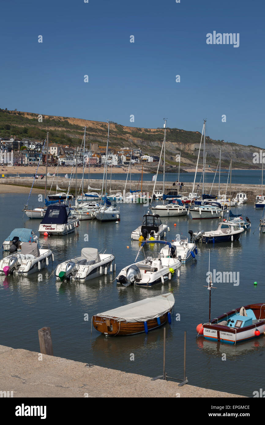 Le port et le COB à Lyme Regis, dans le Dorset, bateaux dans le port. Banque D'Images