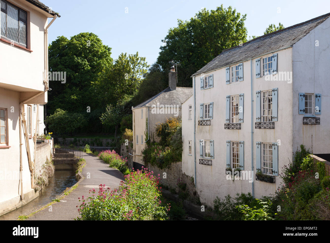 Maisons le long de la rivière Lym, à Lyme Regis, dans le Dorset Banque D'Images
