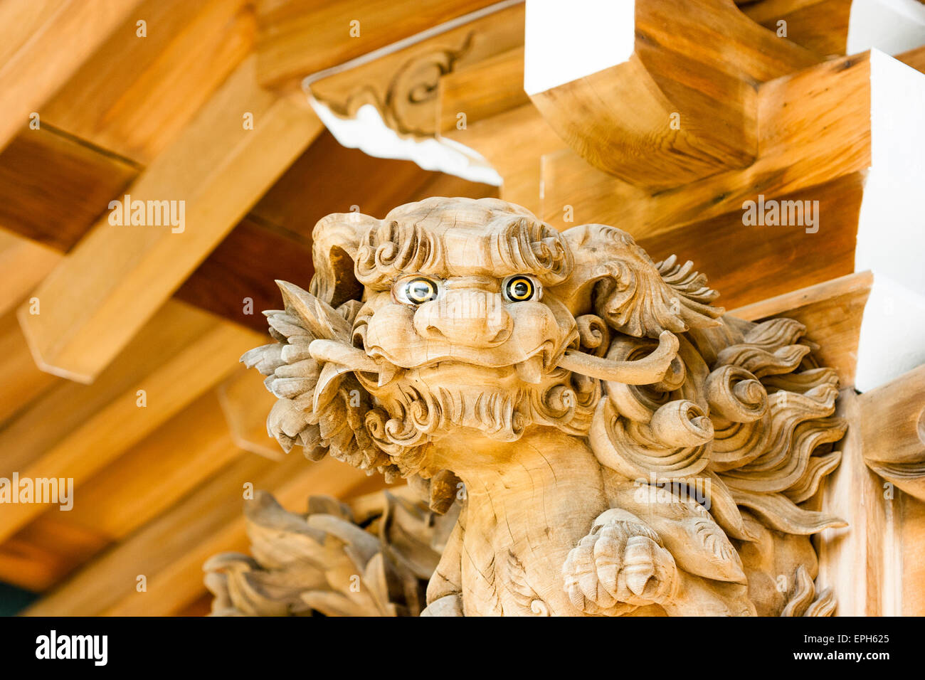 Le visage sculpté en bois du chien comme un dragon avec des yeux incrustés sous le toit du hall bouddhiste Kondo, au temple de Suma-Dera à Suma, Kobe. Banque D'Images