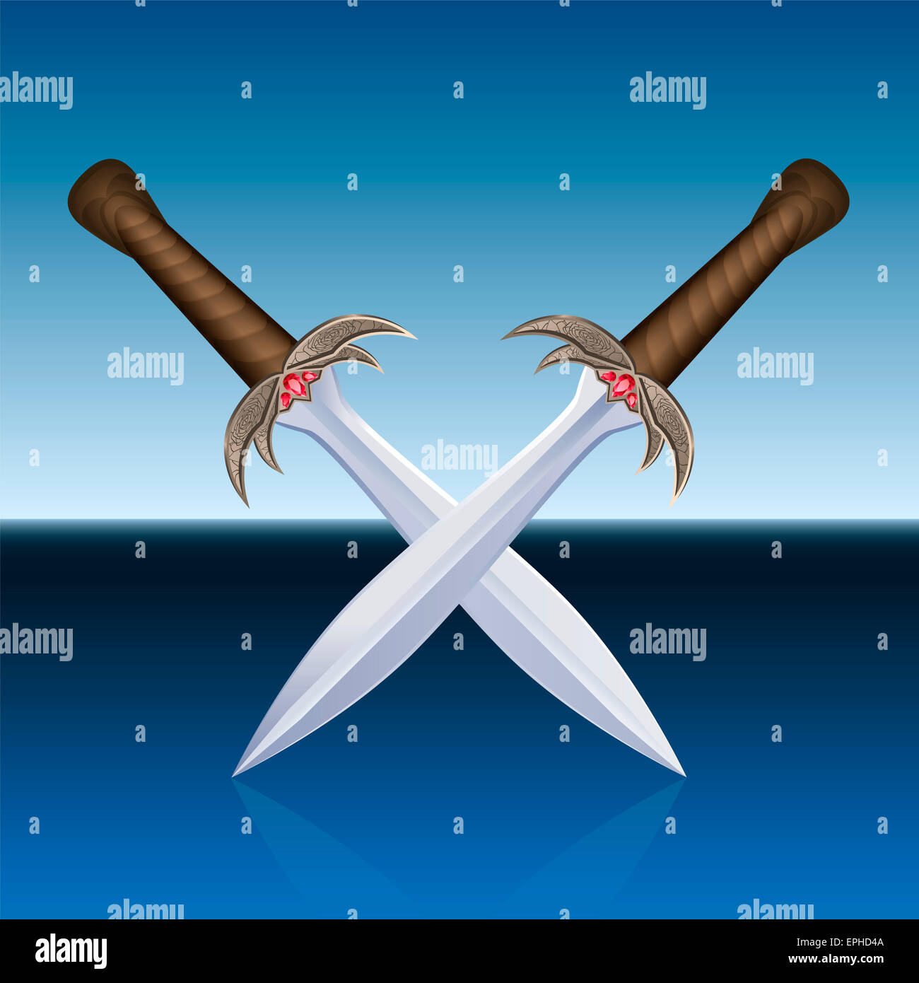 Deux épées de pirates. Illustration sur fond de mer bleue. Banque D'Images