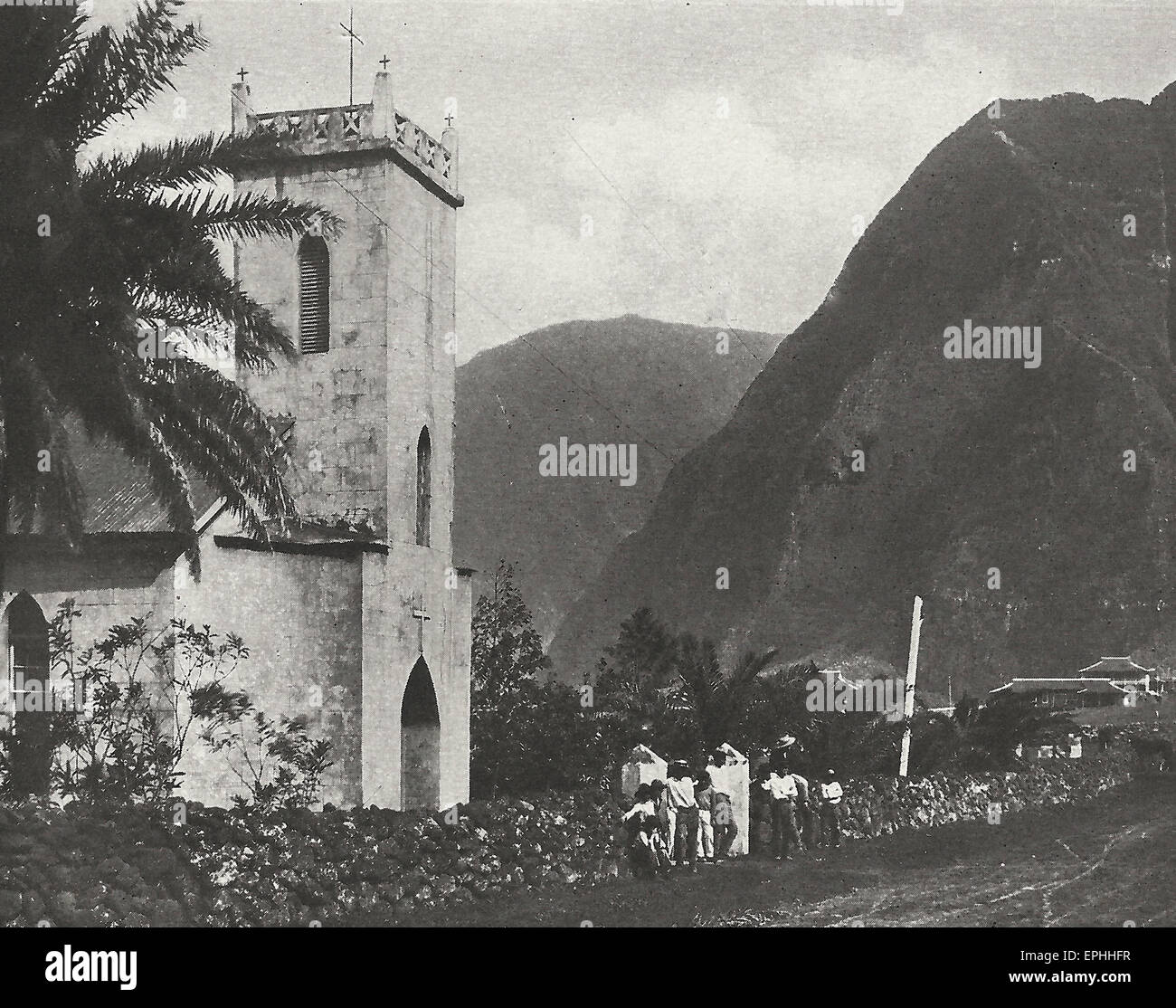 Le Père Damien, l'église de Kalawao, colonie de lépreux sur l'île de Molokai, Hawaï, vers 1915 Banque D'Images