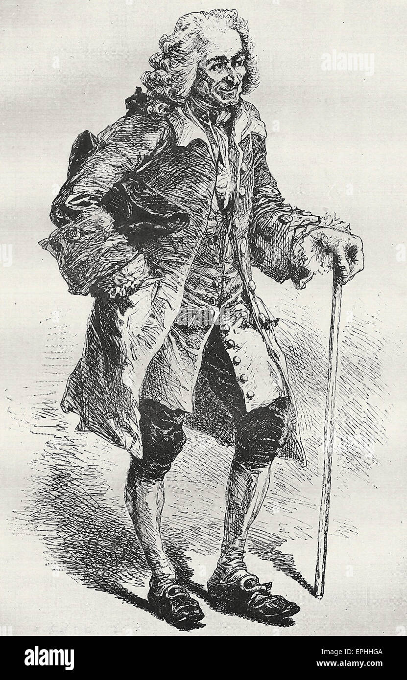 - Voltaire François-Marie Arouet (21 novembre 1694 - 30 mai 1778), connu sous le pseudonyme de Voltaire, est un écrivain, historien, lumières et philosophe célèbre pour son esprit, ses attaques contre l'Église catholique établie, et sa promotion de la liberté de religion, la liberté d'expression, et la séparation de l'église et l'état. Banque D'Images