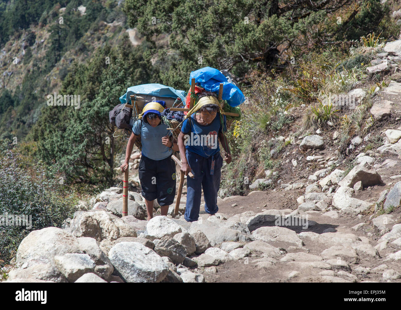 Deux jeunes sherpas portant de lourdes charges sur le camp de base de l'Everest trail, Népal Banque D'Images Deux jeunes sherpas portant de lourdes charges sur le camp de base de l'Everest trail, Népal Banque D'Images