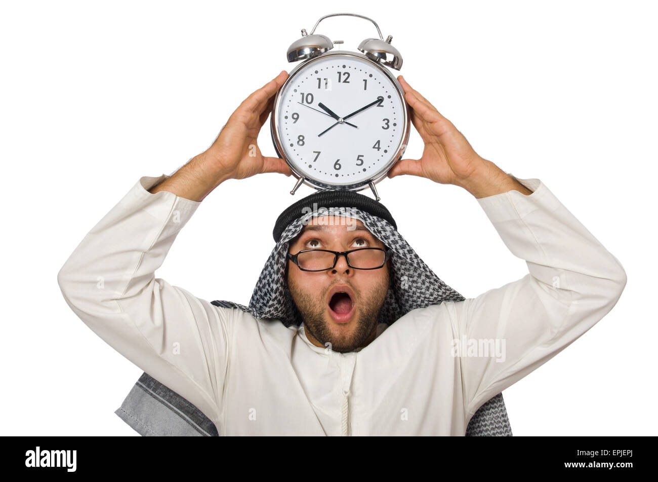 L'homme arabe avec horloge isolated on white Banque D'Images