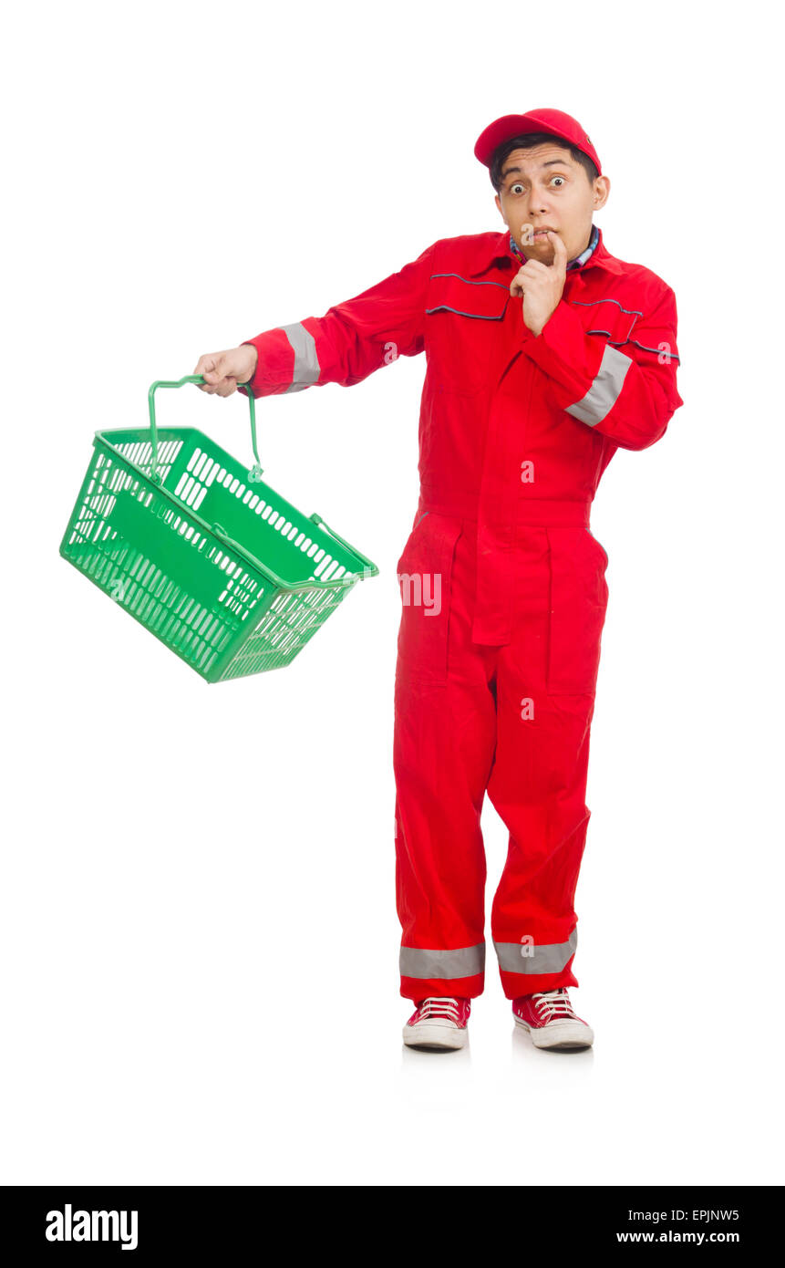 L'homme en rouge avec une combinaison chariot supermarché shopping cart Banque D'Images