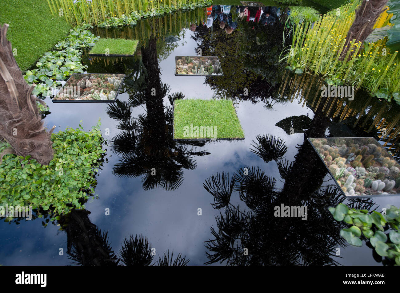 2015 RHS Chelsea Flower Show Jour d'ouverture, Royal Hospital Chelsea, London, UK. 19 mai, 2015. La vision du monde jardin, une médaille en argent doré jardin zone douce conçu par John Warland inspiré par le Cambodge. Credit : Malcolm Park editorial/Alamy Live News Banque D'Images